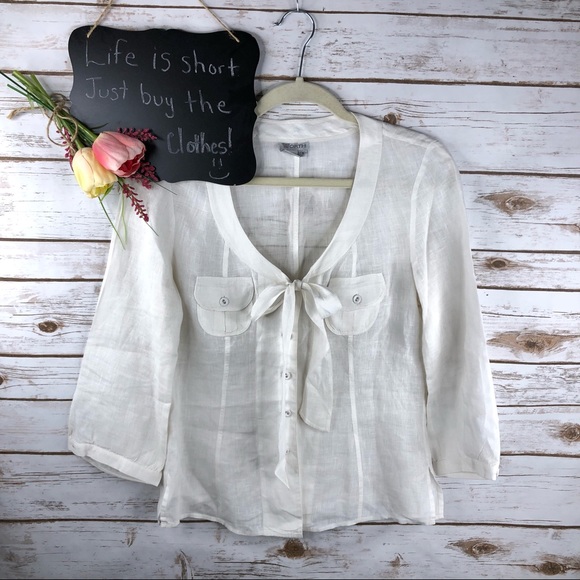 Worth Tops - Worth linen bow tie neckline 3/4 sleeve button up